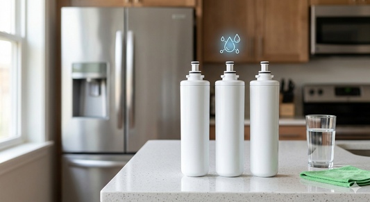 Three white refrigerator water filters standing on a kitchen counter with a glass of water and a blurred fridge background.