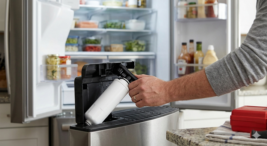 A photograph capturing a hand adjusting a partially installed water filter inside a stainless steel refrigerator.