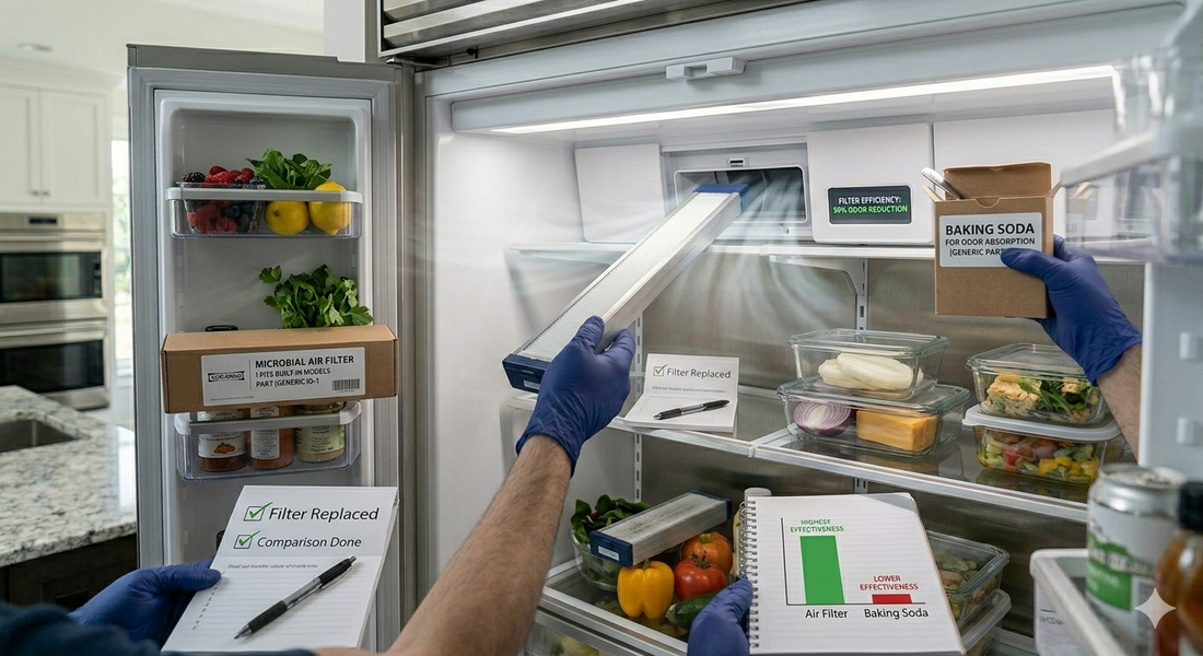 A side-by-side comparison in an open refrigerator showing a hand holding baking soda and a bar chart next to a person installing an air filter.