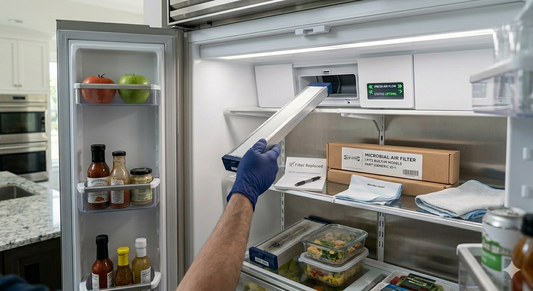 A person in blue gloves sliding a long, slim Sub-Zero air purification cartridge into the upper back housing of a modern refrigerator.