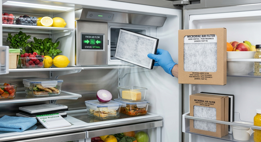A well-stocked refrigerator interior with fresh produce, organized food containers, and a person installing a new microbial air filter.