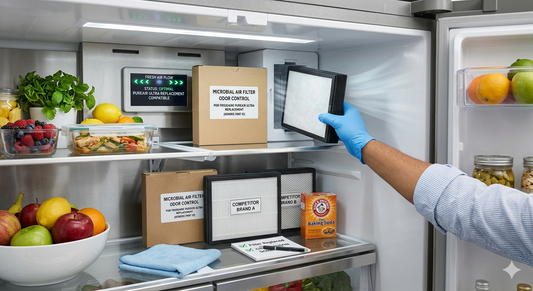 A side-by-side comparison inside a refrigerator showing a Frigidaire PureAir Ultra filter being installed next to competitor brands and a box of baking soda.