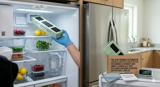 A person wearing a blue glove installs a large, block-shaped reusable air filter into a refrigerator next to its product box.