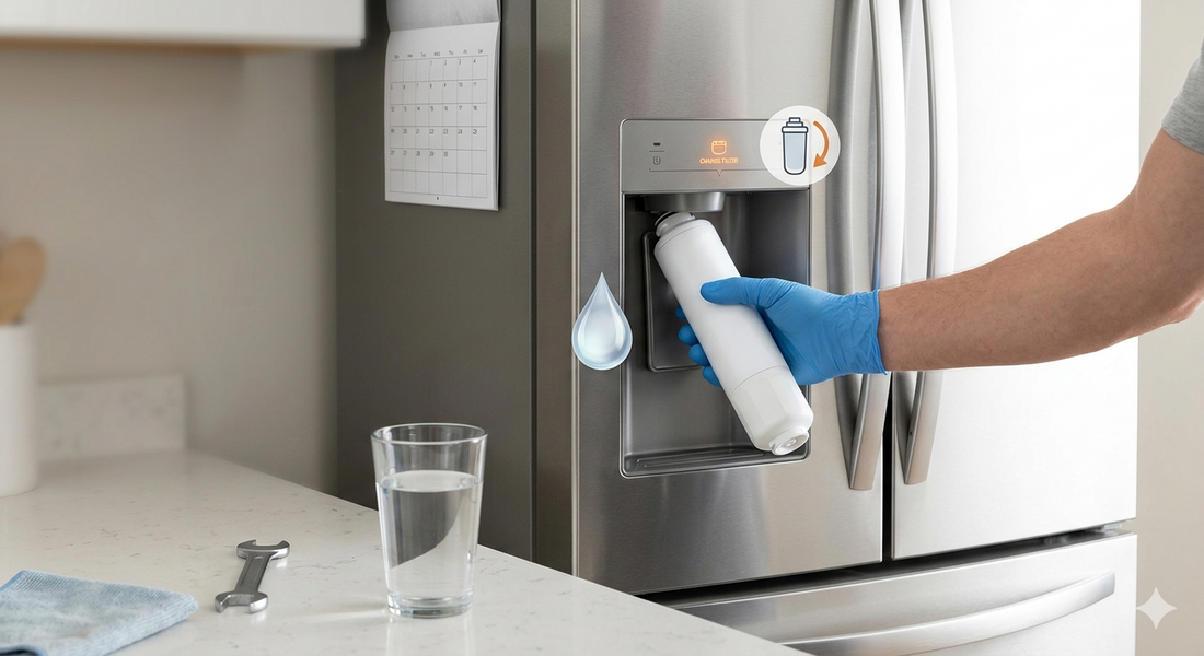 A person wearing a blue glove installing a new white refrigerator water filter into the dispenser housing.