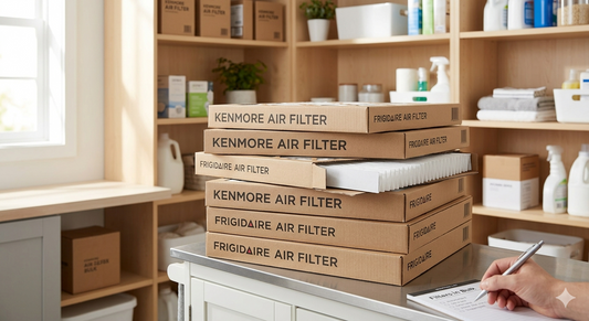 A hand with a pen over a notepad is checking a list titled 'Filters in Bulk' next to a stack of Kenmore and Frigidaire air filter boxes in a pantry.