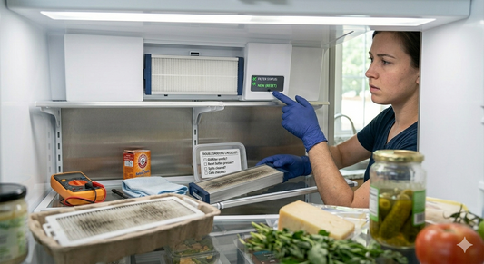 A technician wearing blue gloves holds an old, dirty filter and points at a troubleshooting checklist inside a clean, modern refrigerator.